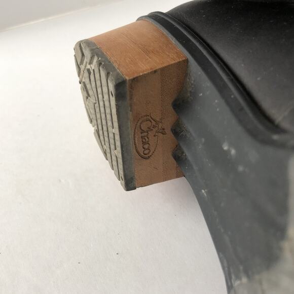 CHACO Fossil Ankle Boots Women’s 7.5 Black Leather Tassel Back Zip Stacked Heel - Picture 10 of 16